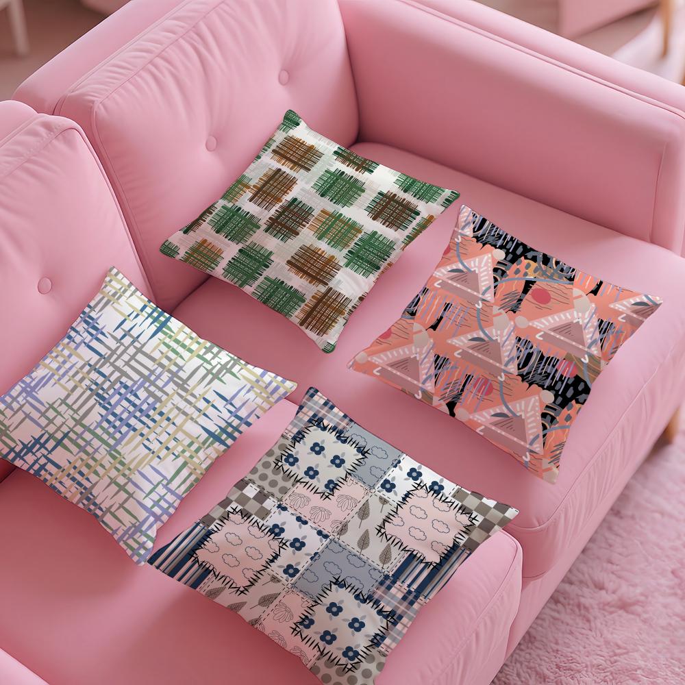 Colorful Patchwork Pattern Pillow Case Silky Short Plush With Invisible Zipper Dustproof Sofa Cushion Cover For Home Decor