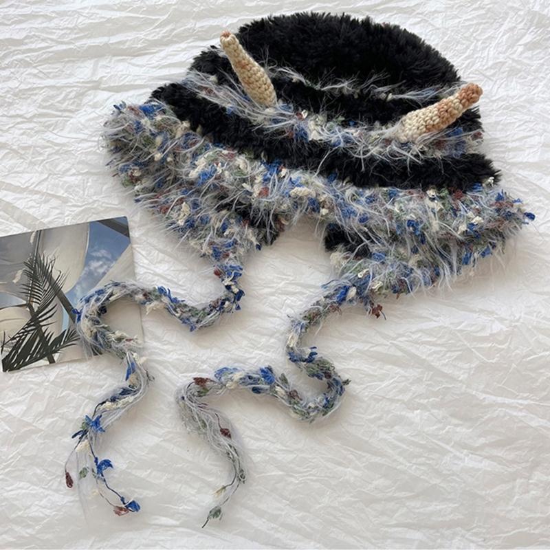 Lovely Horned Knitted Hat Soft Plush Monsters Hat Cold Weather Comfortable Hat for Winter Warmth and Ear Protecting