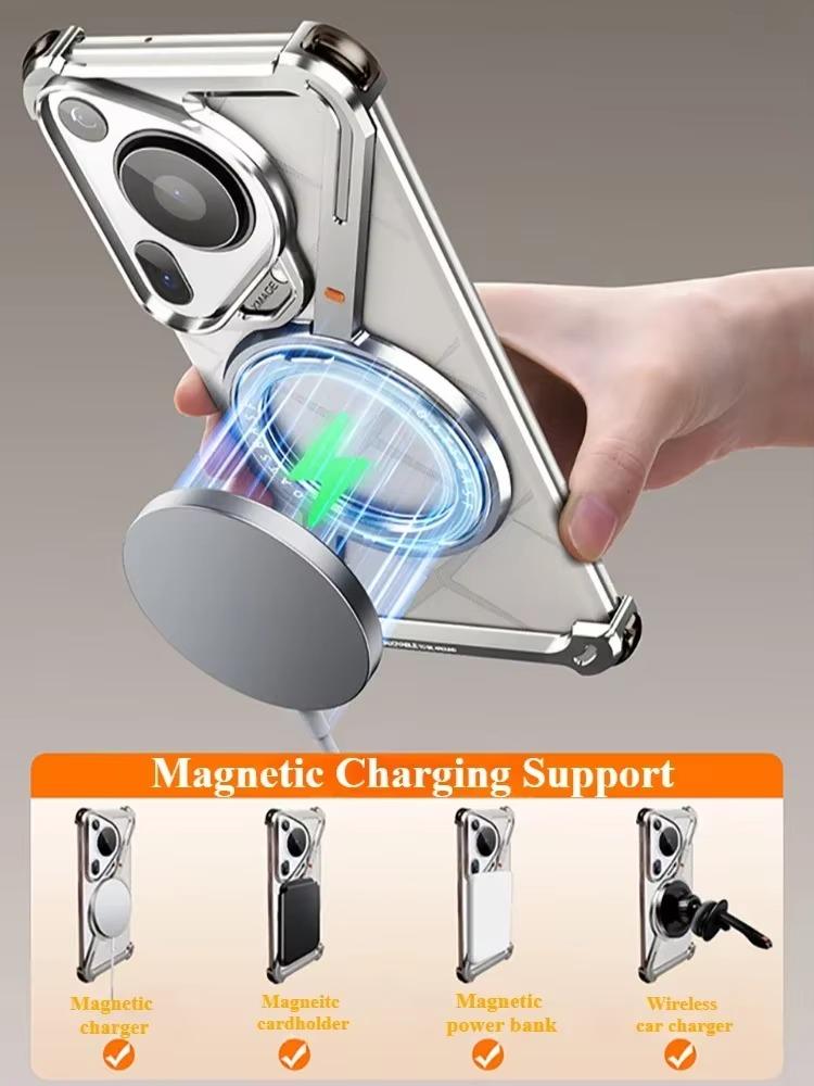 Eary Metal Phone Case for Huawei Pura 80 Ultra P80 Pro + for Magsafe Magnetic Kickstand Frameless Shockproof Wireless Charging