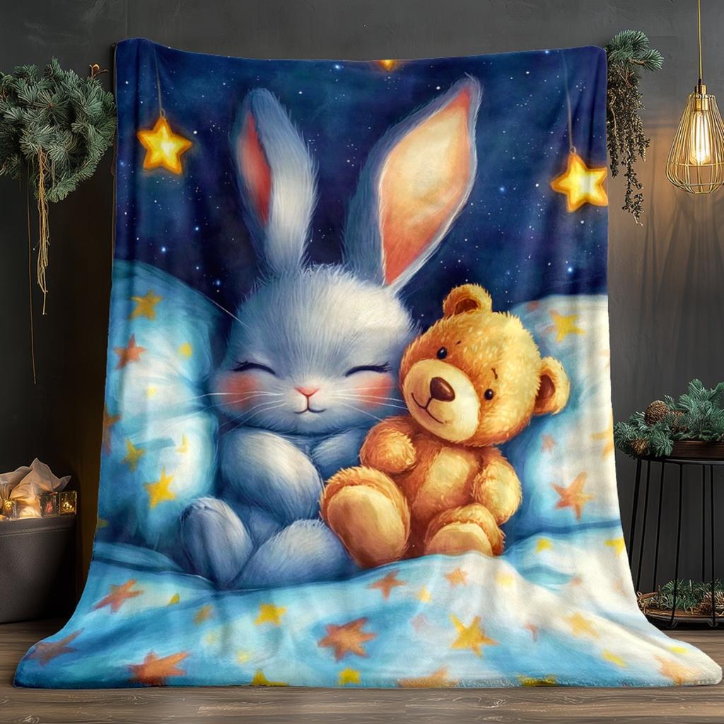 1pc Sleeping Bunny and Teddy Bear Starry Night Fleece Blanket Flannel Throw Cute Kids Bedding Soft Comforter for Children Room