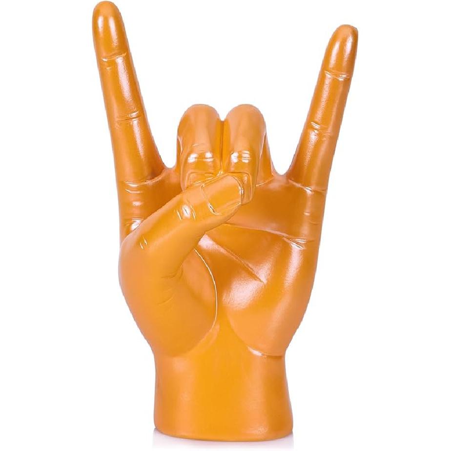 QIANLING 7.7" Gold Resin Rock On Hand Gesture Statue - Rock Culture Music Lovers' Decorative Tabletop Sculpture for Bookshelf, Desk & Mantel Decor in