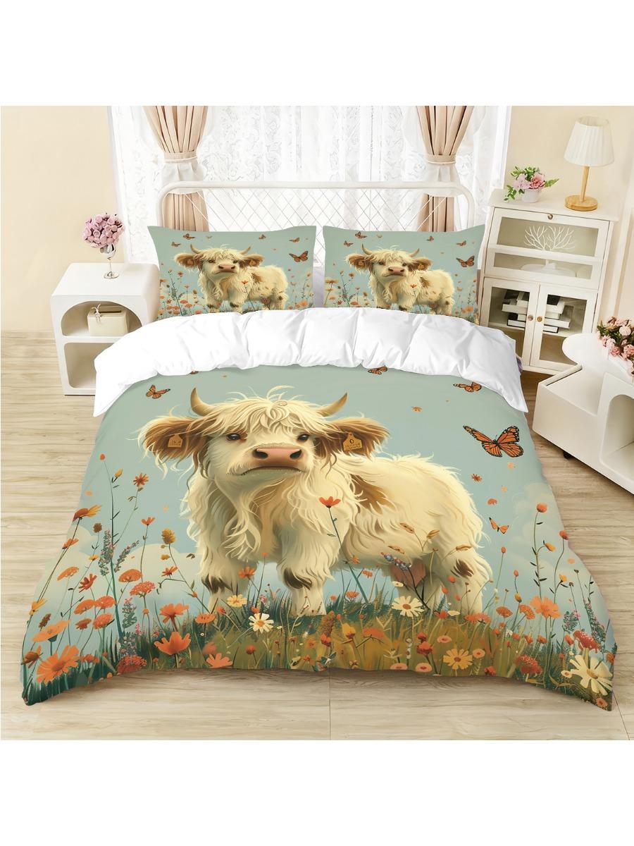 

Набор из 3 предметов мультяшного бескостного изделия с принтом шотландской высокогорной коровы, мягкий и удобный, многоразмерный, для спальни в общежитии, машинная стирка 135x200cm-EU-Single&set