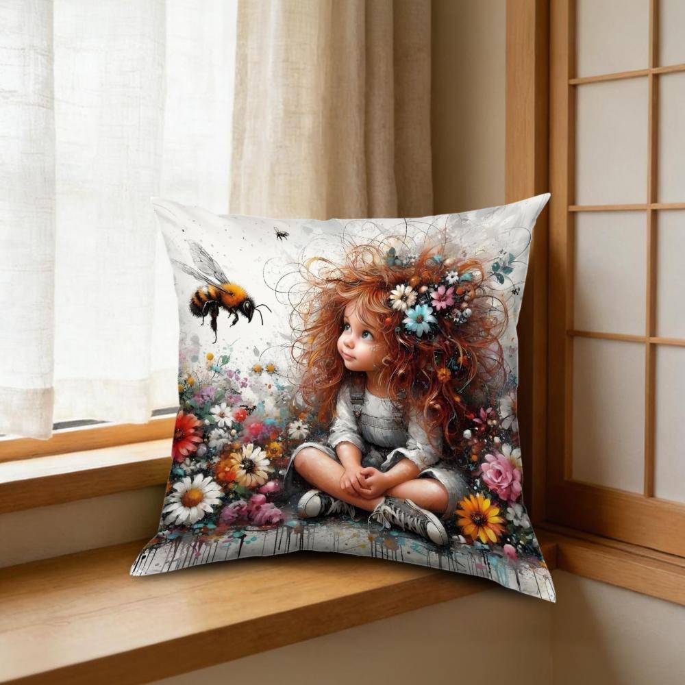 1Pc Fairy Girl Flowers Bee Cushion Cover Multicolor Floral Decorative Soft Breathable Pillowcase for Sofa Bed