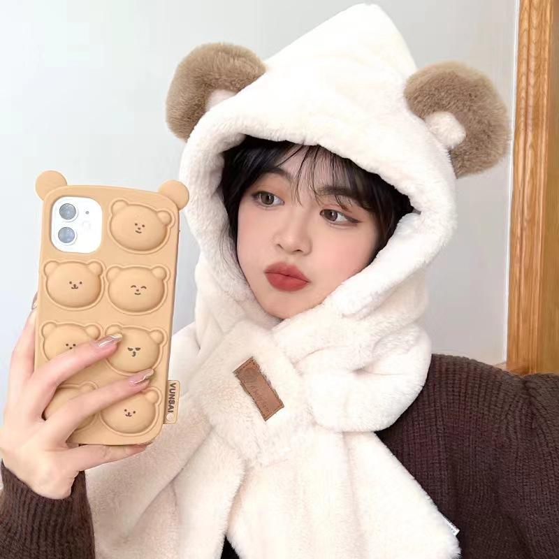 Lei Feng Hat Cold Proof and Warm Plush Bear Hat  Scarf One Piece Hat  Winter Scarf Two Piece Set Cycling One Piece Hat