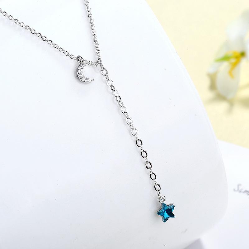 Personality Clavicle Chain Tassel Pendant  Sterling Silver Blue Star Moon Choker Neck Chain Necklace for Women  Kolye