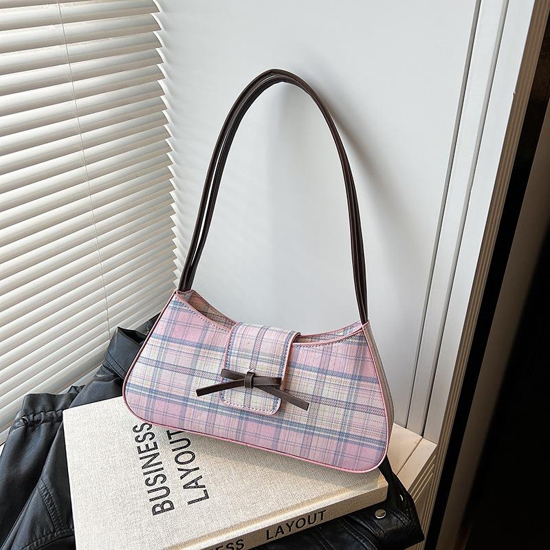 Bow Fashion 2025 New Women's Bag Trendy Personalized PU Leather Plaid Baguette Underarm Bag Casual Shoulder Women's Bag
