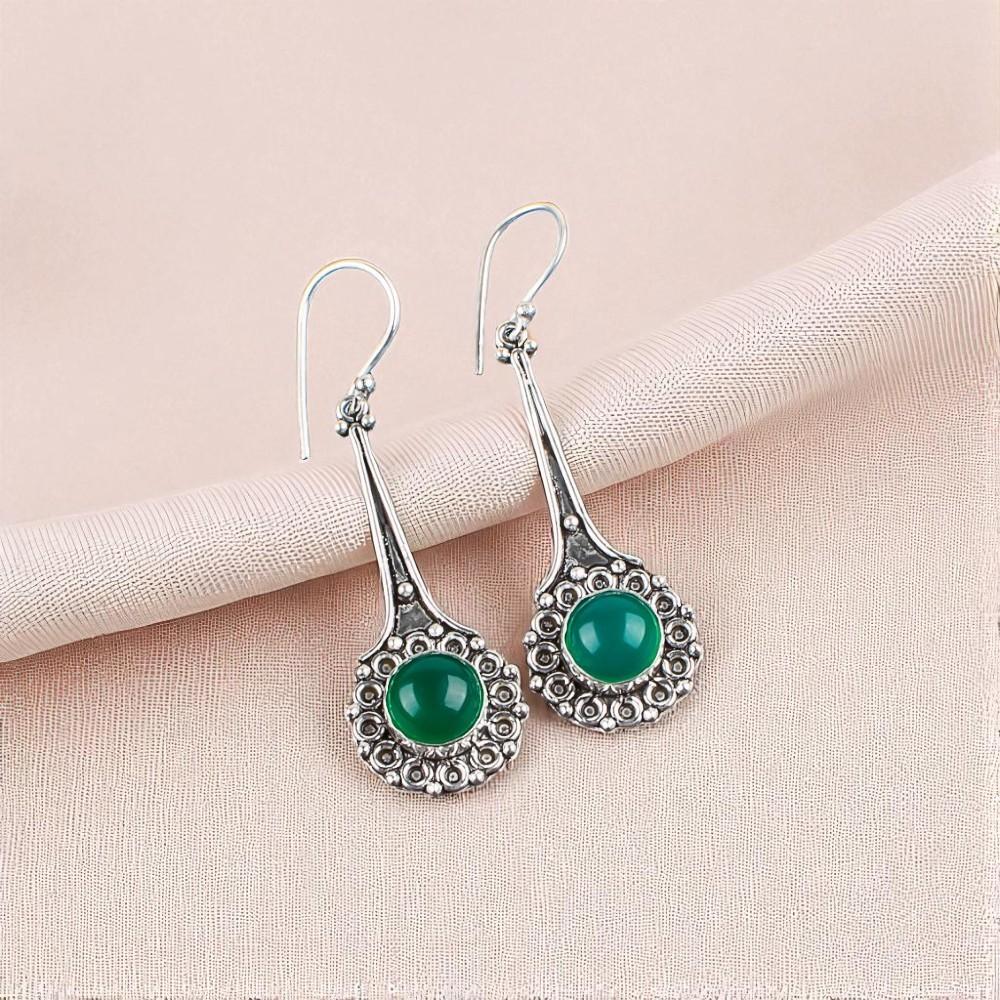 Rare Green Onyx Cab Gemstone 925 Sterling Silver Jewelry Handmade Earrings 2.52" EE-77-23
