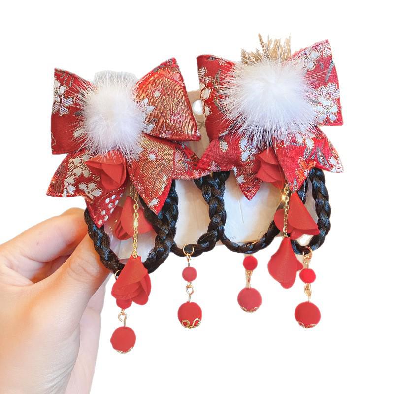 Children's Chinese Bow Braid Hair Clip & Hanfu Wig Headdress
