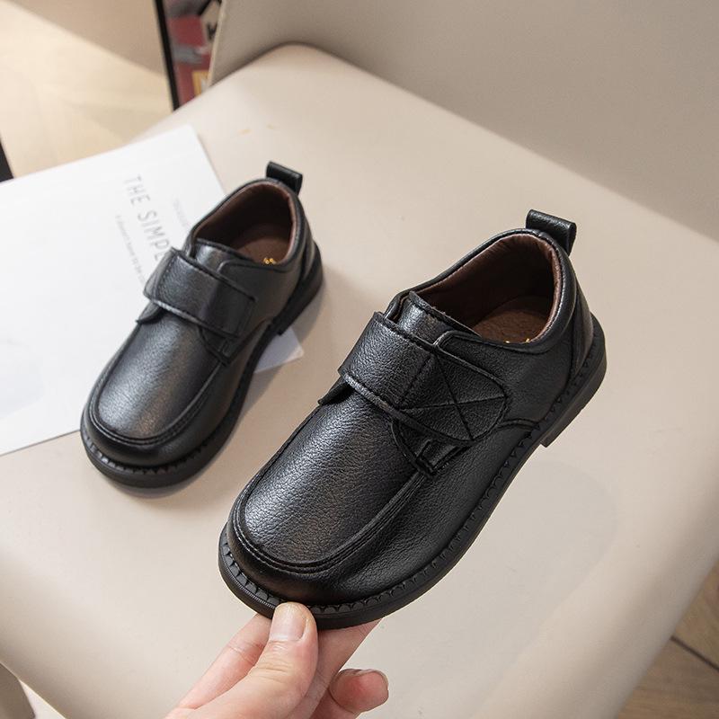 Chaussures en Cuir à Lacets Noir Mat pour Garçons – Antidérapantes, Respirantes, Velcro, Style Britannique, Tenue Décontractée Printemps & Automne