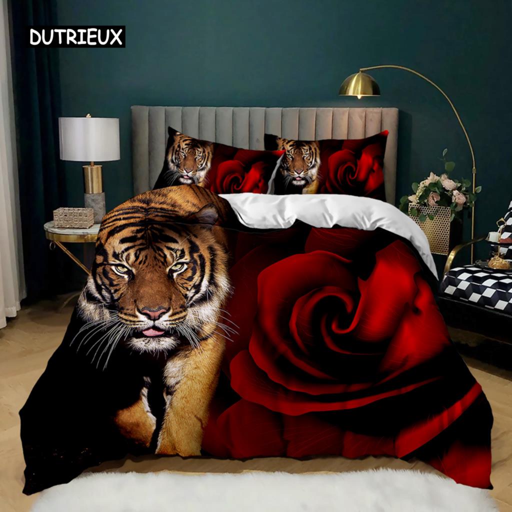

Комплект пододеяльников с тигром и красными розами, покрывало для мальчиков, африканское сафари, дикие животные, большая кошка, королева, король, полиэстер, одеяло 155x215cm 3pcs