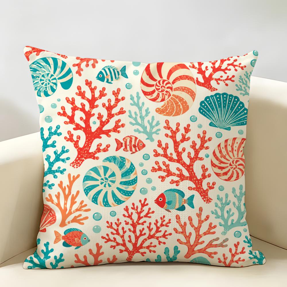 Beach Red Coral Reefs Starfish Cushion Cover Durable Hypoallergenic Organic Linen Short Pillow Cover Washable