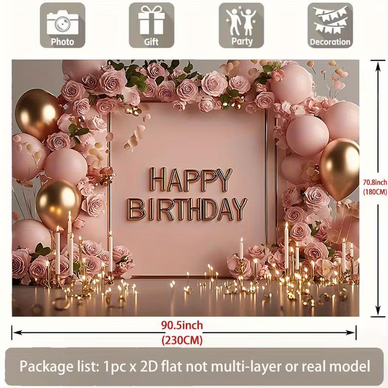 

2D Pink Gold Happy Birthday Photography Backdrop with Roses & Balloons 47.2x31.5inch/120*80cm