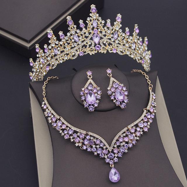 Gorgeous Blue Crystal Wedding Crown Necklace Sets For Women Bridal Jewelry Sets Earrings Prom