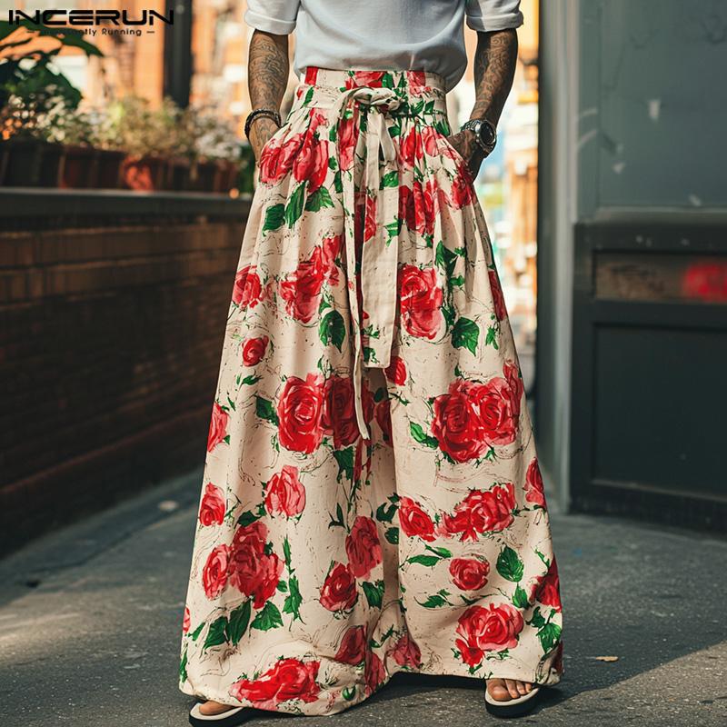 INCERUN Men Belt Zipper Waist Floral Print Casual Long Wide Legs Pants