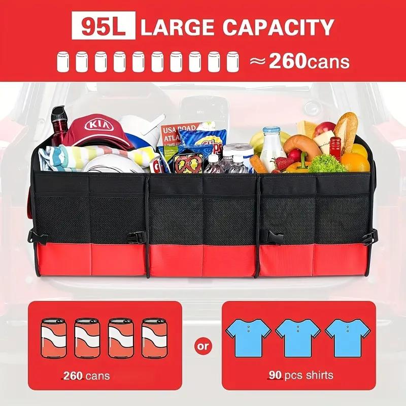 Organizator Universal Mare pentru Portbagaj pentru Mașină Pliabil cu Compartimente Multiple Geantă de Depozitare pentru Portbagaj cu 2 Curele Retractabile