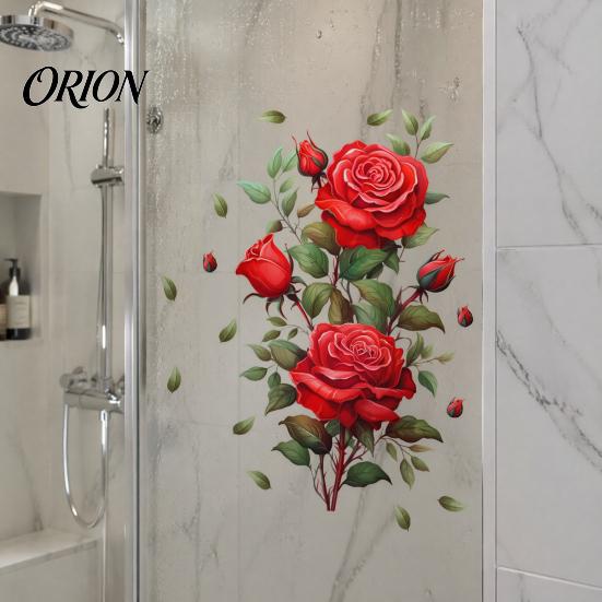 Waterproof PVC Flower Decals Red Rose Wall Sticker, Watercolor Floral Peel and Stick Decal for Realistic Mural Living Room Bedroom, Self-Adhesive