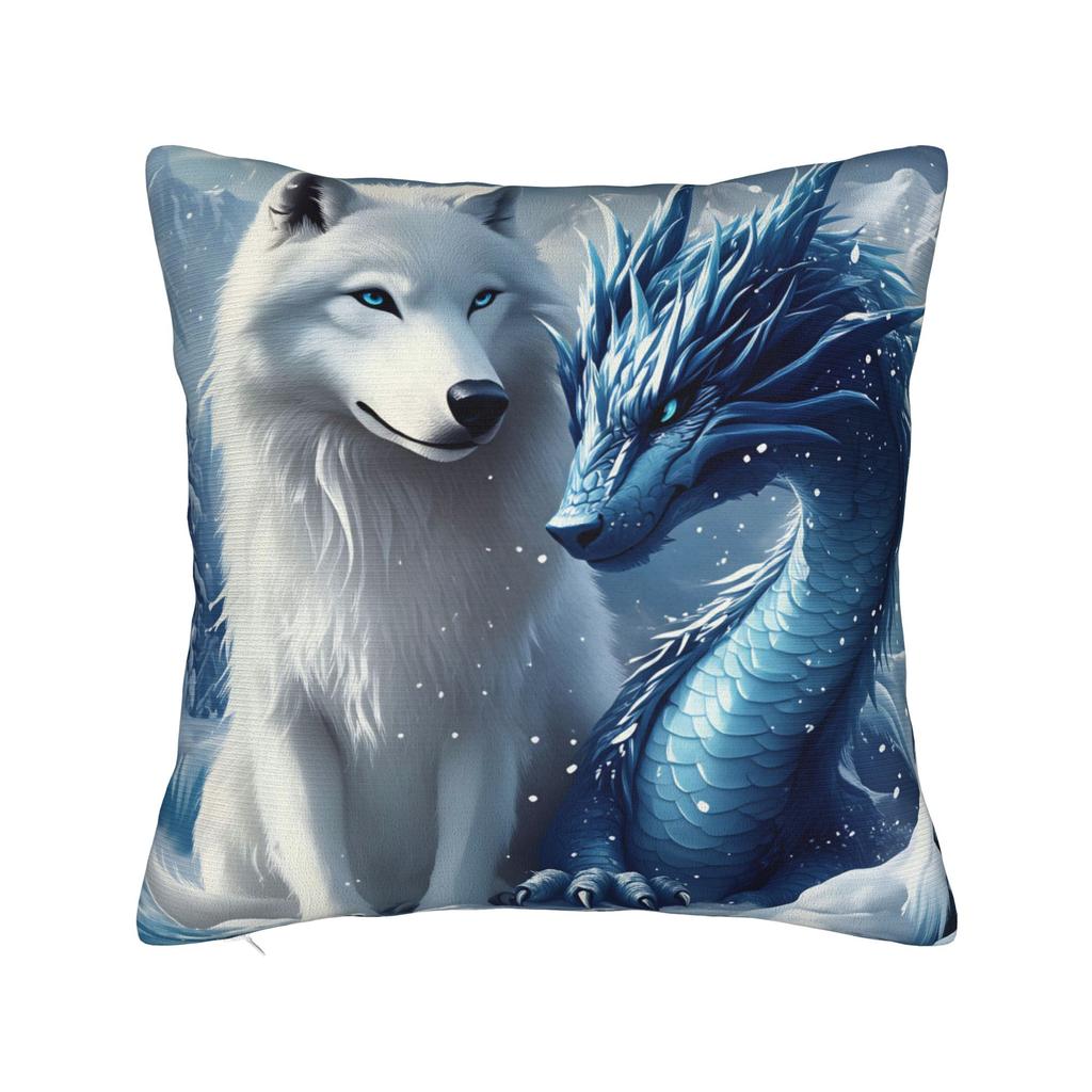 White Wolf And Blue Dragon Pillow Cover Funny Pillow Case For Sofa Couch Bed Living Room Comfy Cushion Cover Gift