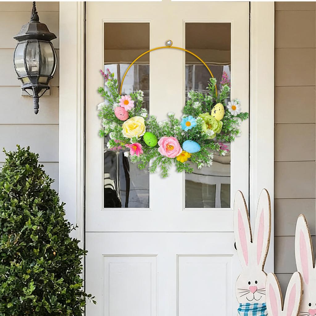 3D35cmSpring Easter Wreath, Artificial Wrought Iron Floral Decoration, Wall Hanging, Easter Egg Wreath, Door Hanging