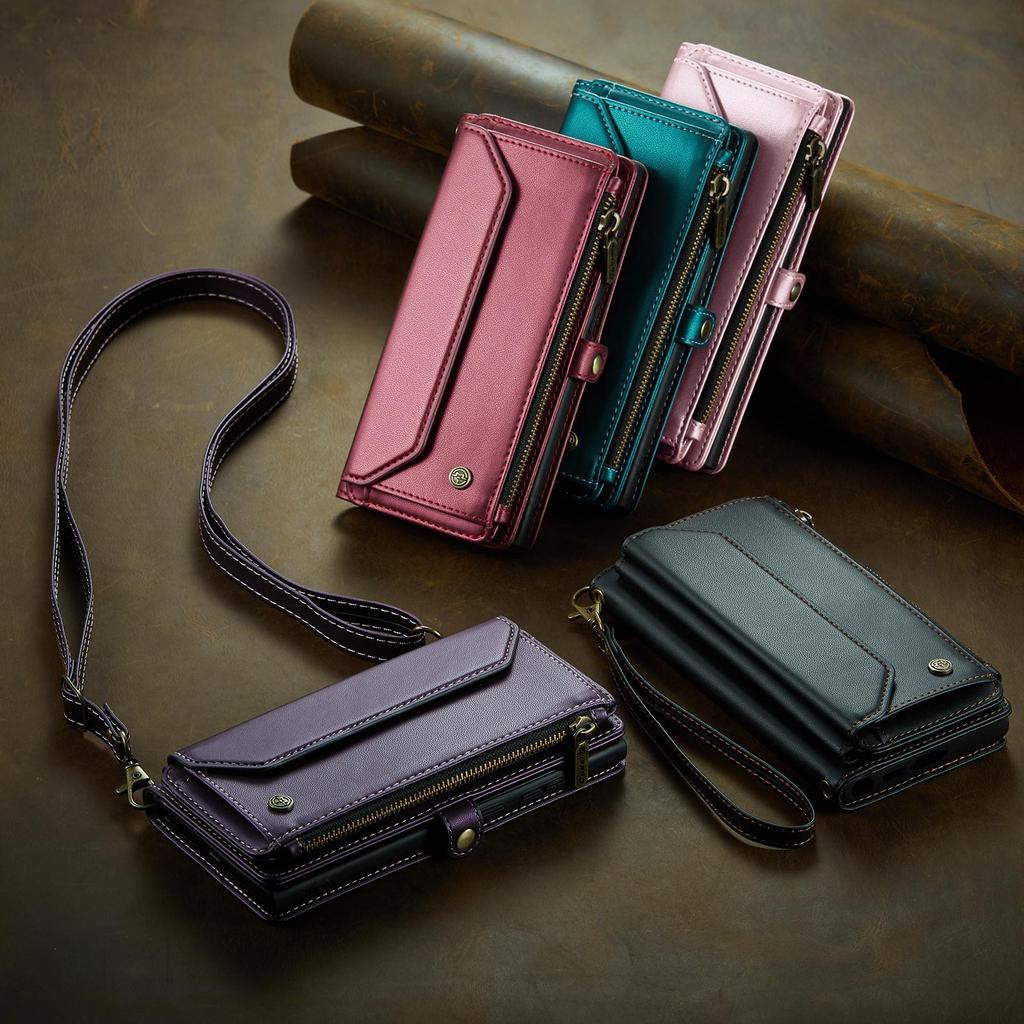 CaseMe (C36) Crossbody Wallet Case For iPhone 13 14 15 16 Pro Max Zipper Wrise Multi-functional Flip PU Leather Card Slots Holder Cover Protector