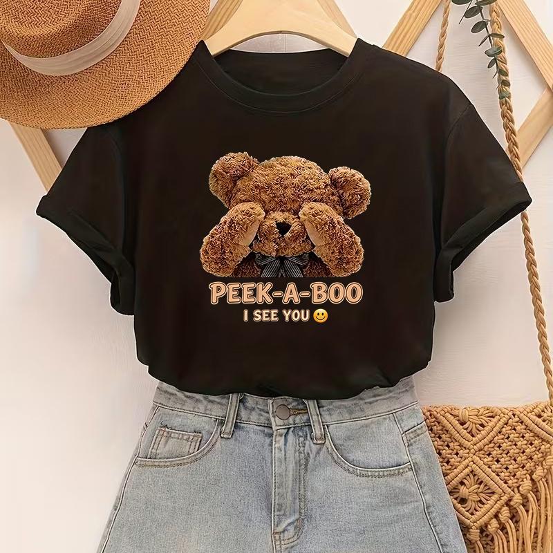 

Y2k Style Print T Shirt with Fuuny Bear Print Casual Oneck Short Sleeve Tshirt Womens Spring Summer Tshirt Clothes Female S