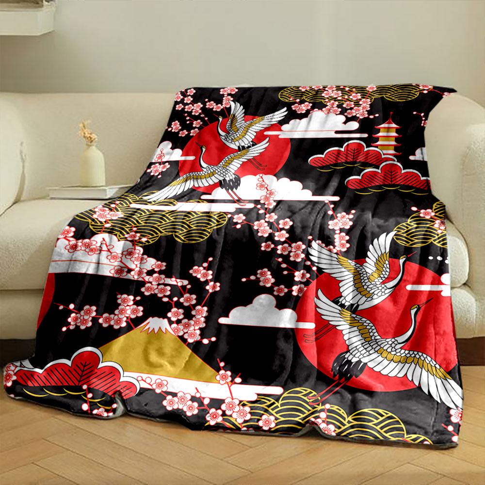Japanese Style Crane Cherry Blossom Blanket bedroom Blanket for Livingroom Couch lunch break Soft throw for Friend's festival Gift