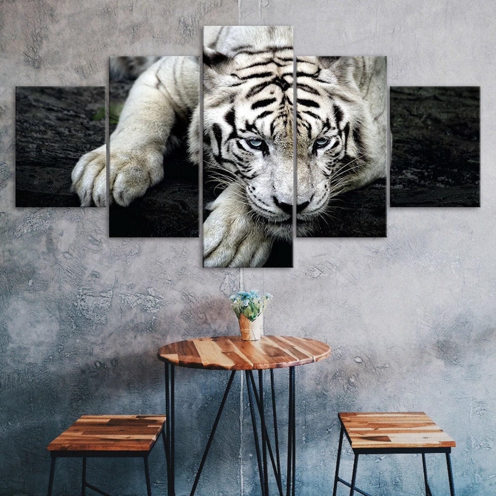

White Tiger Face Wildlife Animal 5 Piece Five Panel Wall Canvas Print Modern Poster Picture Home Decor Gift For Him For Her 20X35 20X45 20X55CM