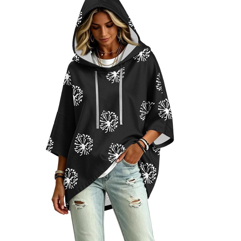 Women's Fashion Polka Dot Print Hooded Pullover Top with 3/4 Sleeves