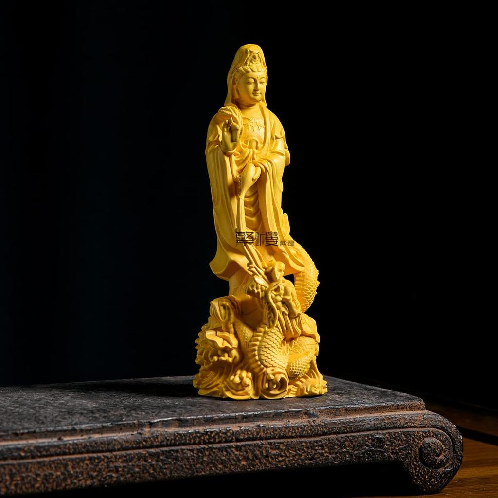 Hanlou Art Sculpture Buddhist Statue, Kannon Statue, Dragon-Riding Kannon, Dragon Kannon Ornament, Wood Carving, Buddhist Altar Statue, Prayer, Protec