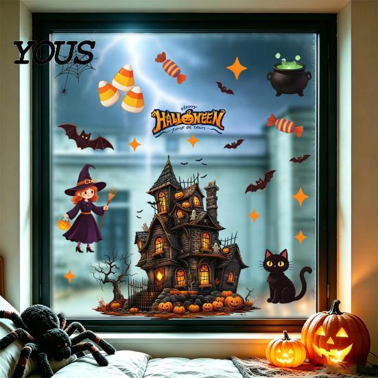 Static Cling Halloween Set Glass Sticker, Window Clings, Reusable Electrostatic Decals, Haunted Decoration House Stickers for Doors Windows,