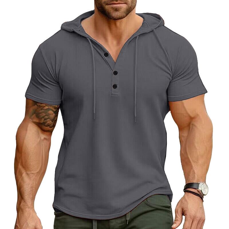 2024 Cross-Border Men's Short-Sleeve Henley Hoodie T-Shirt - European & American Style Fitness Top