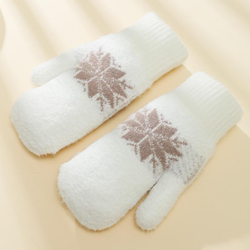Korean-Style Cute Snowflake Lamb Wool Fingerless Winter Gloves: Thick, Warm, Double-Layered Mittens for Students.