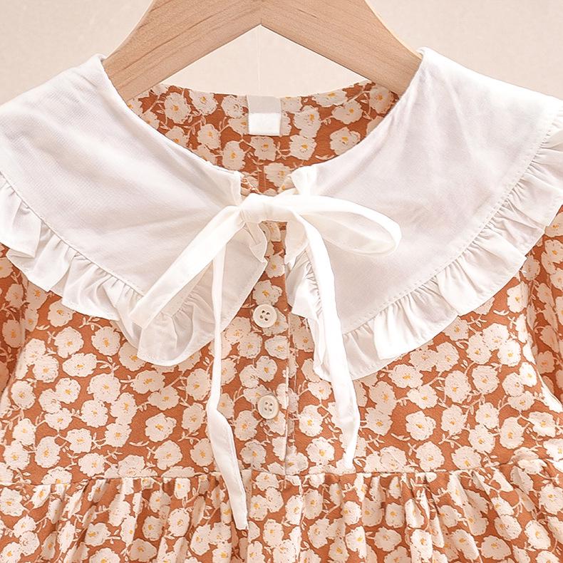 2025 Girls' Floral Princess Long Dress with Peter Pan Collar – Trendy Spring/Autumn Fashion