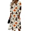 Womens Casual V Neck Midi Dress Three Quarter Sleeve Back Zipper Halloween Print Dress