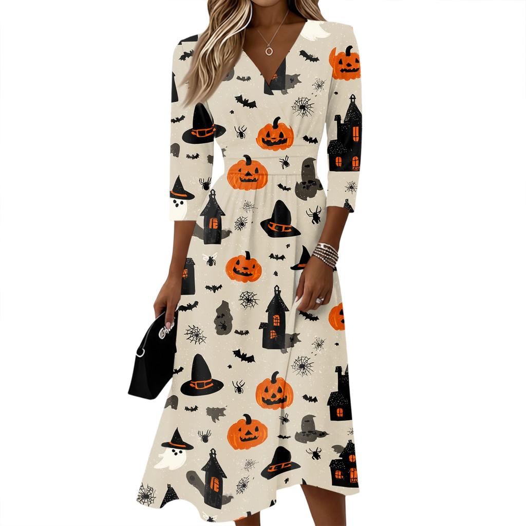 Womens Casual V Neck Midi Dress Three Quarter Sleeve Back Zipper Halloween Print Dress