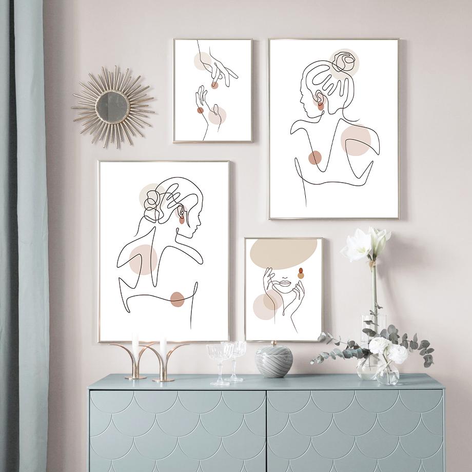 Linie Mädchen Gesicht Hände Blätter Abstrakt Nordische Poster Und Drucke Wandkunst Leinwandmalerei Bilder Für Wohnzimmer Heimdekoration
