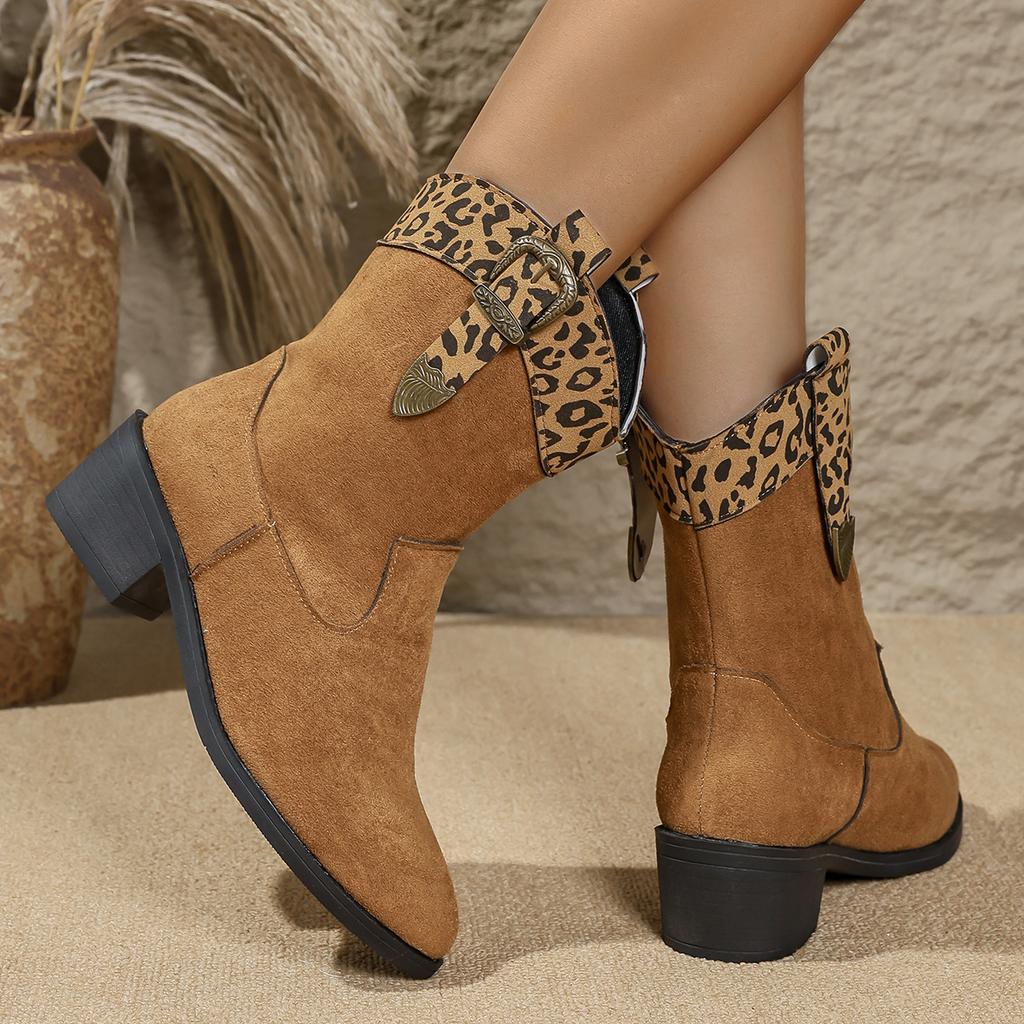 Fashion Autumn Women's Ankle Boots Fashion Metal Belt Buckle Mid-heel Western Cowboy Boots Colorful Print Fabric Booties Slip-on Shoes