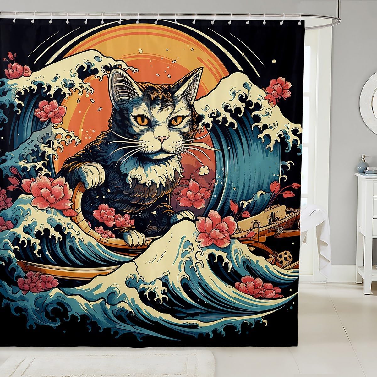 

Cartoon Cat Shower Curtain,Japanese Ukiyo Painting Waves Sunrise Bathroom Curtain Kids Teens Women Room Decor,Ocean Waterproof W60H190(CM)-1 Pcs