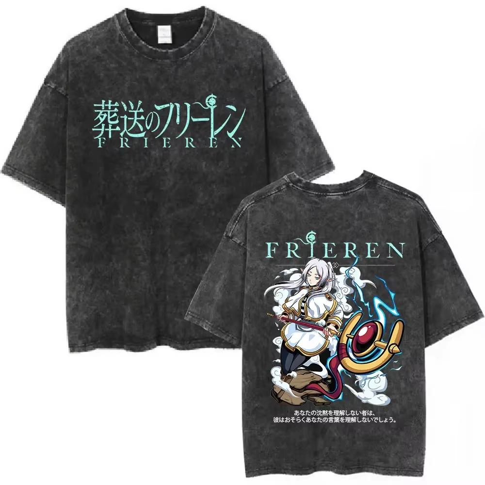 Hot Sale Anime Frieren Beyond Journey's End Vintage Washed T-shirt Men's Women Clothing Fashion Short Sleeve Trendy Streetwear for Daily Looks
