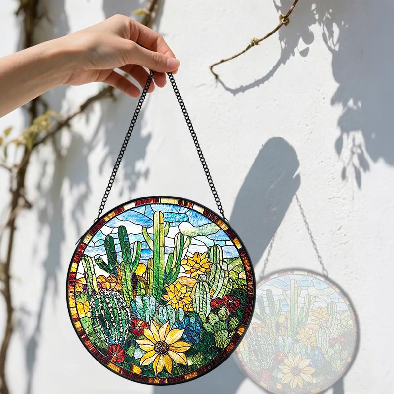 2D Flat Stained Glass Green Cactus Flower Window Decoration, 6.3/7.87inches Colored Glass Plate with Chain, Charming Spring Summer Sun Catcher Home