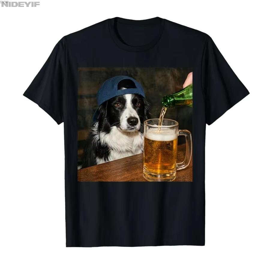 Border Collie Drinking Beer Funny Dog Meme Tshirt for Unisex Women Cotton T Shirts Short Sleeve Tops P