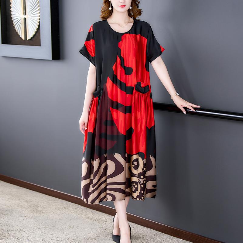 

Летние новые модные платья женские повседневные элегантные из искусственного шелка с принтом свободные большие размеры винтажное пляжное платье миди длинное макси L-5XL 4XL красный
