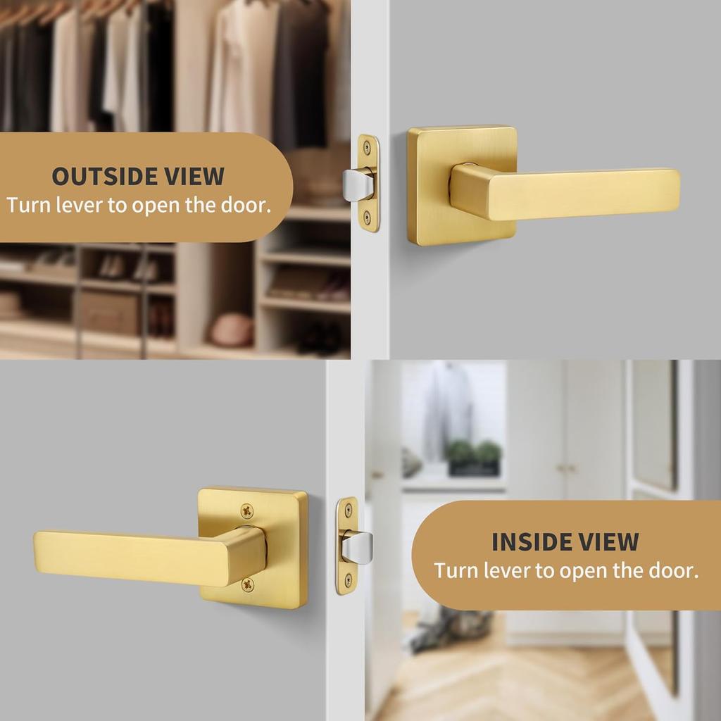 Brushed Gold Door Handles, Heavy Duty No Lock Passage Door Lever, Reversible Square Door Handle Without Lock for Hallway Closet Door, Satin Brass