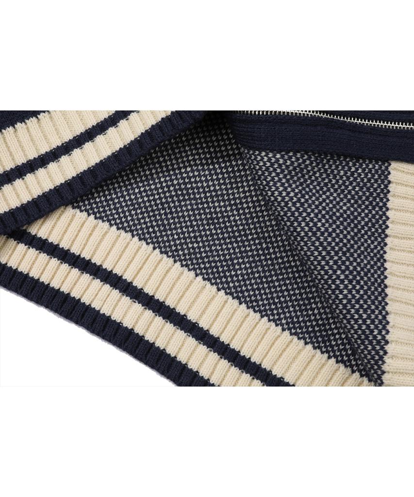 Cpgn Studio [2-Way] Curved Block Knit Zip-Up Navy