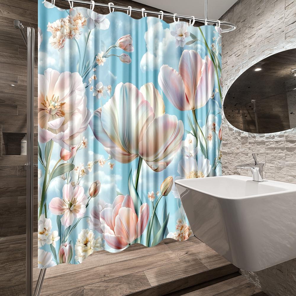 1Pc Pastel Floral Shower Curtain - Realistic Tulips & Clouds, Soft Flowers, Polyester, 70X70In, 12 Hooks, Washable, All-Season