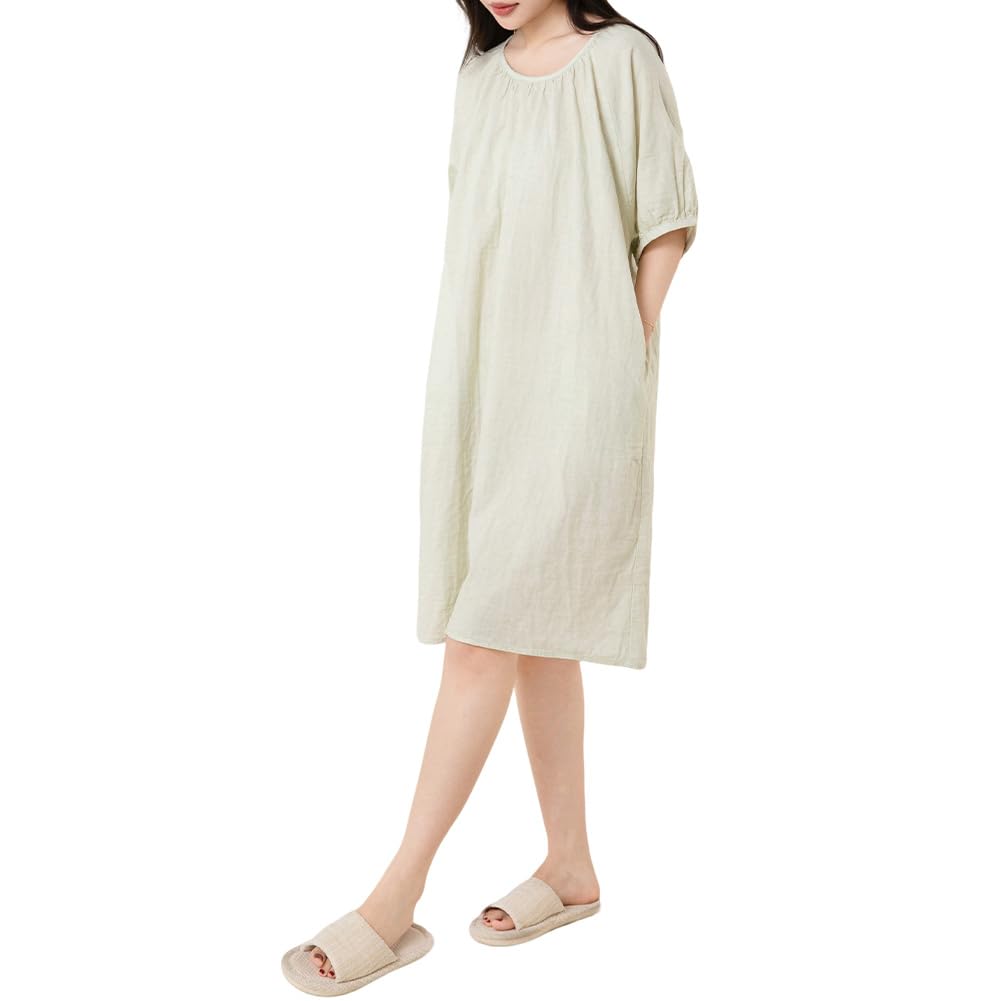 Cotton Double Gauze Pajama and Size Green [Yes family] Women's 100% Dress, Knee-Length, Summer, Flattering, Stylish, Elegant, LL,