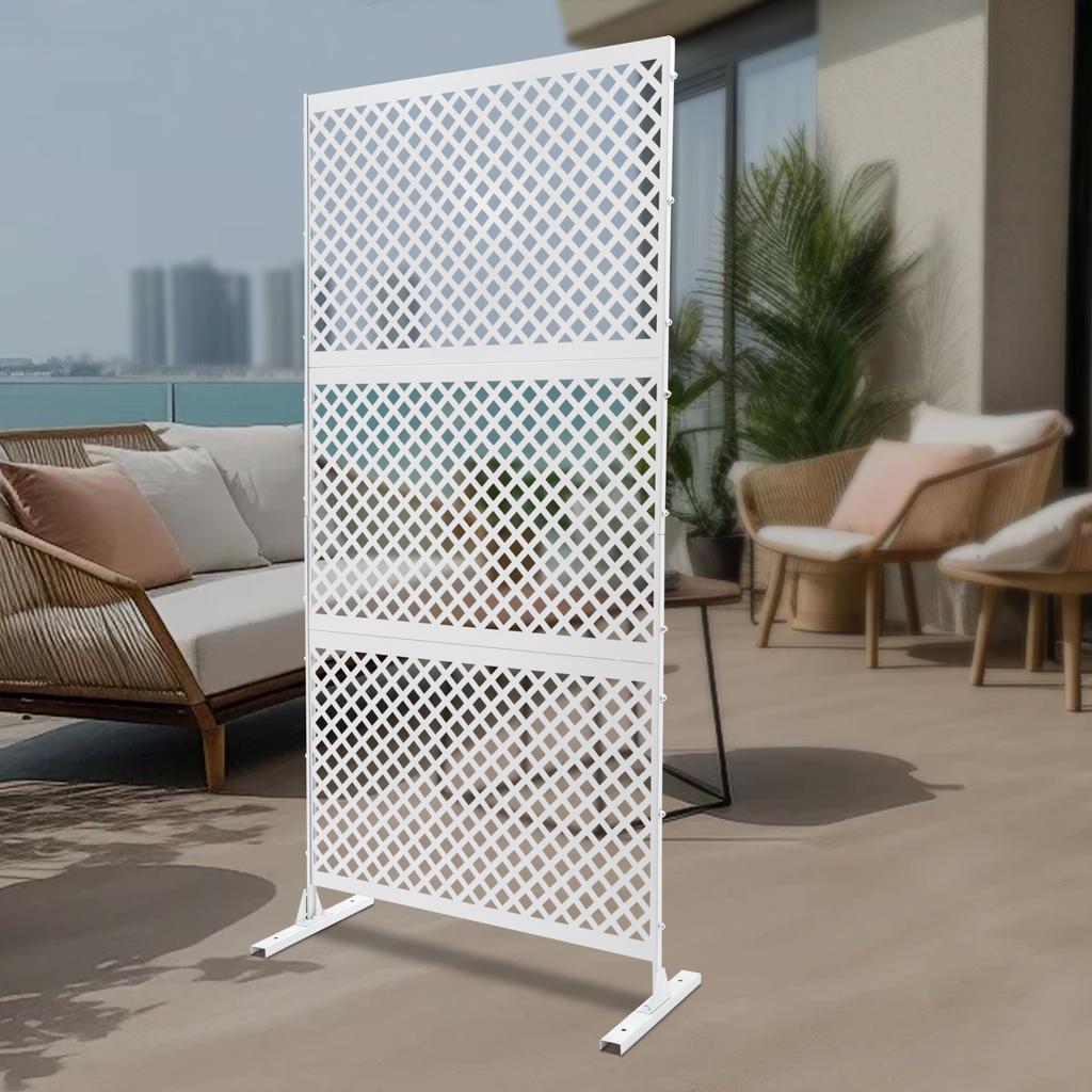 Elegant White Steel Privacy Screen with Diamond Pattern, Freestanding Room Divider - 3 Panels, Laser-Cut Design, 74.8in Height