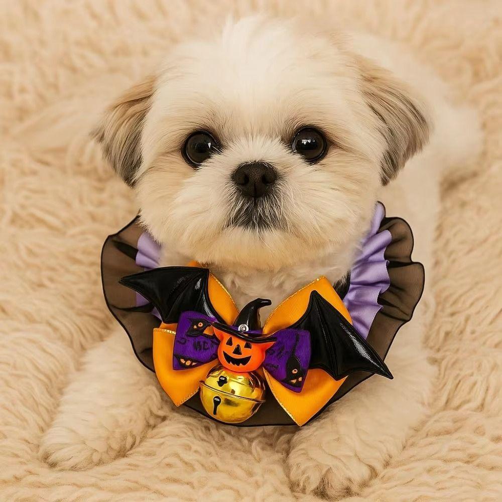 Soft Material Halloween Pet Collar With Bell Dog Pumpkin Collar Adorable Pet Bow Tie For Cats
