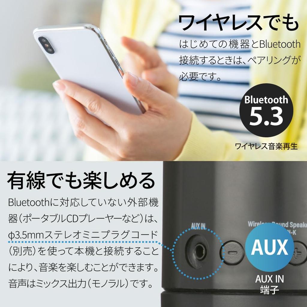 OHM AudioComm Portable Wireless Bluetooth Wireless Round Speaker, 5.3, Speaker, Black, ASP-W125N-K, 03-2387