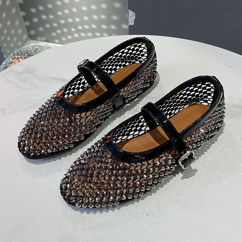 Hollow and breathable full diamond Mary Jane shoes for women's 2025 summer new temperament French flat soft sole with skirt light mouth single shoes