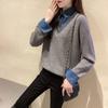 Fashion Women's Denim Patchwork Shirt Collar Sweater Autumn Winter Knit Loose Pullover Fake Two-Piece Top